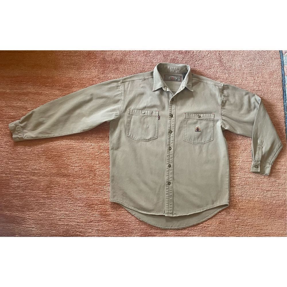 Vintage URGENT GEAR Shirt Men's Button Up TanDenim Logo Embroiled Long Sleeve M
